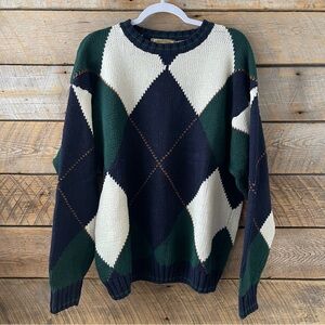 Vintage New River Co 90s Sweater Mens XL X-Large Blue Green Argyle Knit Chunky